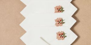 Beige Floral Hand Embroidered Pure Cotton Table Napkin