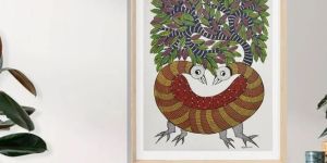 Gond Painting Peacock 11.5 X 15 Inches Unframed