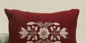Plum Wine Brown Hand Embroidered Pure Linen Rectangular Cushion Cover
