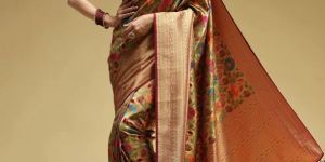 Women Brown Tissue Brocade Saree With Multi-Color Floral Prints