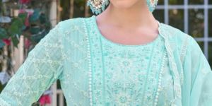 Women Cotton Lino Dobby Anarkali Suit WITH Organza Dupatta