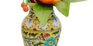 Yellow Floral Blue Pottery Ceramic Vase