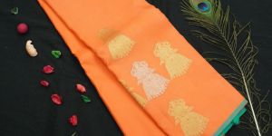 Borderless Kanchipuram Silk Saree in Orange with Gold & Silver Zari Butta