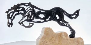 Intricate Metal Running Horse Cut-Out on Marble Base