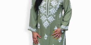 Olive Green Modal Rose Lucknowi Chikankari Women Kurti