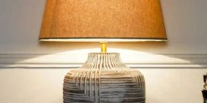 Beige Cotton Shade Natural Carved Wood Table Lamp