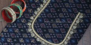 Black Ikkat Hand Embroidered Raw Silk Blouse Piece