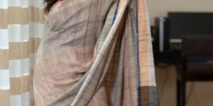 multi-coloured organic tussar silk handspun handwoven saree