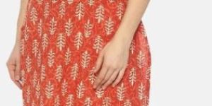 Red Pure Cotton Hand Block Printed V-NECK Straight Cut Kurti