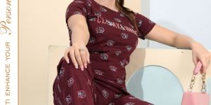 Maroon Printed Ladies Cotton Night Suits