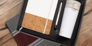 3 in 1 Corporate Gift Set with Flip Button Mug Notebook Metal Pen