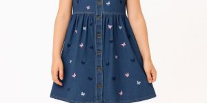 Kids Girls Denim Jeans All-over Butterfly Embroidery Frock