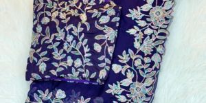 Blue Embroidered Sequence Work Silk Saree