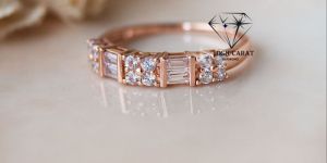 Baguette and Round Cut Diamond Rose Gold Promise Ring