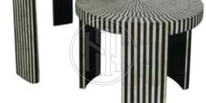 Black and White Striped Round Coffee Tables with Geometric Tops