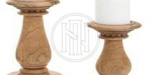 Carved Wood Candle Holders with Beaded Base Set OF 2 Pcs