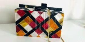 Multicolor Geometric Pattern Resin Inlay Clutch with Chain Strap