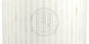 Round End Table with White Striped Inlay and Gold Base