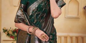 9734 Dark Green Jari Work Weaving Banarasi Soft Silk Saree