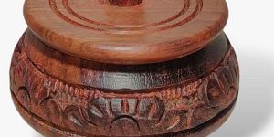 Round Carved Wooden Kumkum Box