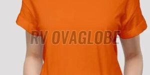 Ladies Plain Orange Round Neck Cotton T-Shirt