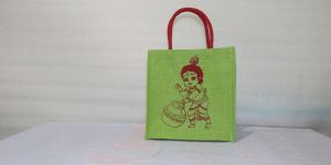 Green Krishna Print Handcrafted Jute Carry Bag