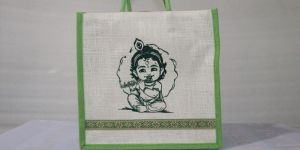 Off White Krishna Print Jute Grocery Bag