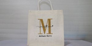 Off White Short Handle Printed Jute Promotional Bag