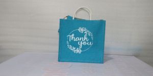 Sky Blue Printed Jute Grocery Bag
