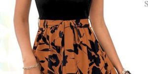 Ladies Black & Peach Floral Print Ajanta Western Dress