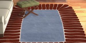 Blue Brown Scalloped Border Geometric Hand Tufted Area Rug