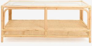 Rattan Coffee Table with Glass Top and Cane Shelf