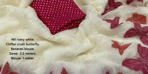 Soft Ivory White Crush Chiffon Saree with Zari Emboridary Butterfly