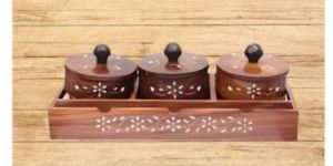 Sheesham Wooden Handcrafted 3 Dry Fruit Lid Cup Jar/container Set with Tray