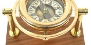 Golden Antique Nautical Compass With Wooden Base
