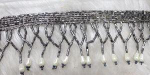 Silver Fancy Beads Work Fringe Lace
