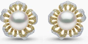 Sunrise Pearl & Diamond Floral Stud Earrings in 18K White Gold