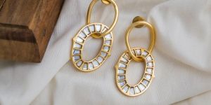 Mirror Glass Stone Gold Plated Brass Earrings