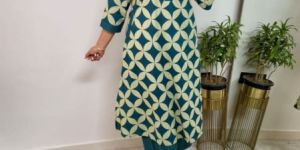 Ladies Floral Serenity Cotton A Line Kurti Set