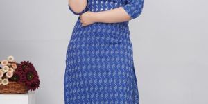 Ladies Formal Wear Navy Blue Printed Cotton Kurti