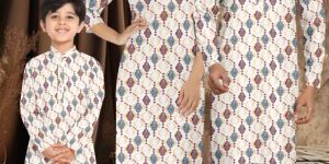 Cotton Printed Off White Family Combo Kurta Kurti Set