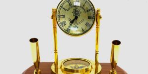 Antique Brass Table Top Desk Clock Pen Holder with Wooden Base