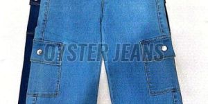 Blue Stretchable Girls Straight Fit Cargo Jeans with Side Pockets