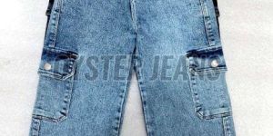 Girls Stretchable Cargo Fit Denim Jeans with Side Pockets & Full Elastic Waist