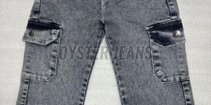 Grey Stretchable Straight Fit Girls Cargo Denim Jeans