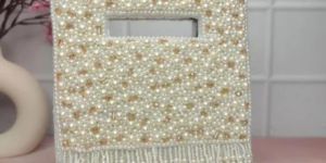 Ladies White Beaded Clutch Bag