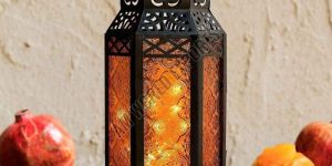 Ornate Iron Lantern with Amber Glass