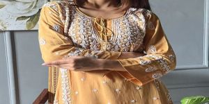 rayon knee long comfort women embroider round neck kurta palazzo