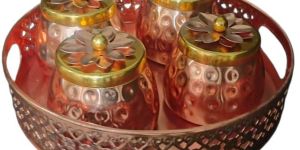 Hammered Copper-Tone Tray Set with Floral Lid Containers