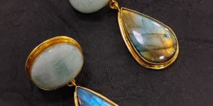 Oval Semi Precious Gemstone Brass Earrings